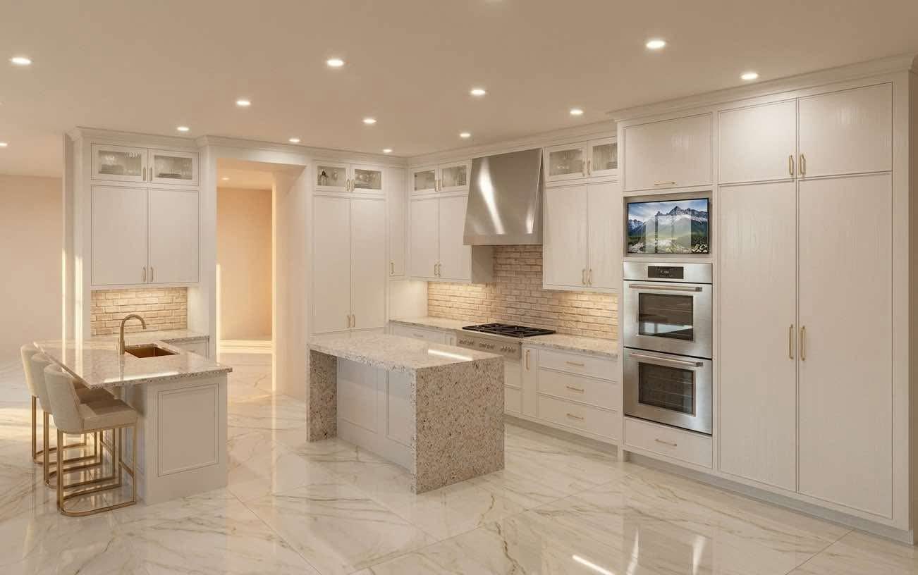 Custom white kitchen cabinetry with double ovens and marble floors