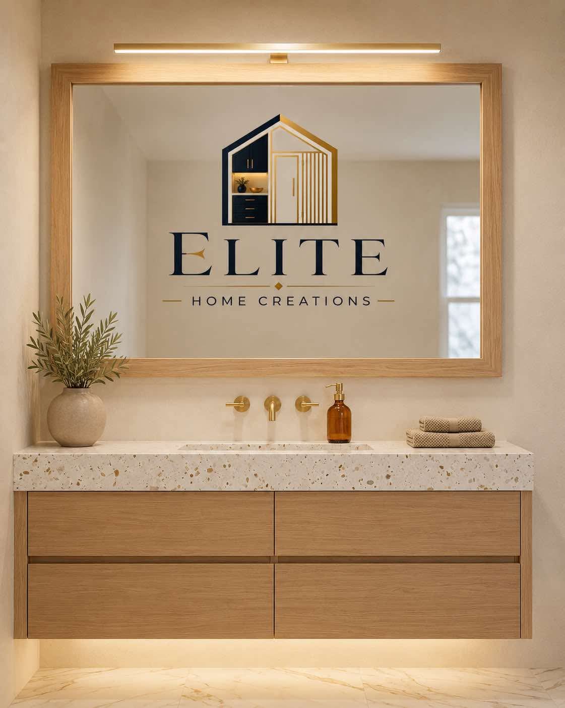 Floating oak vanity with stone countertop and framed mirror