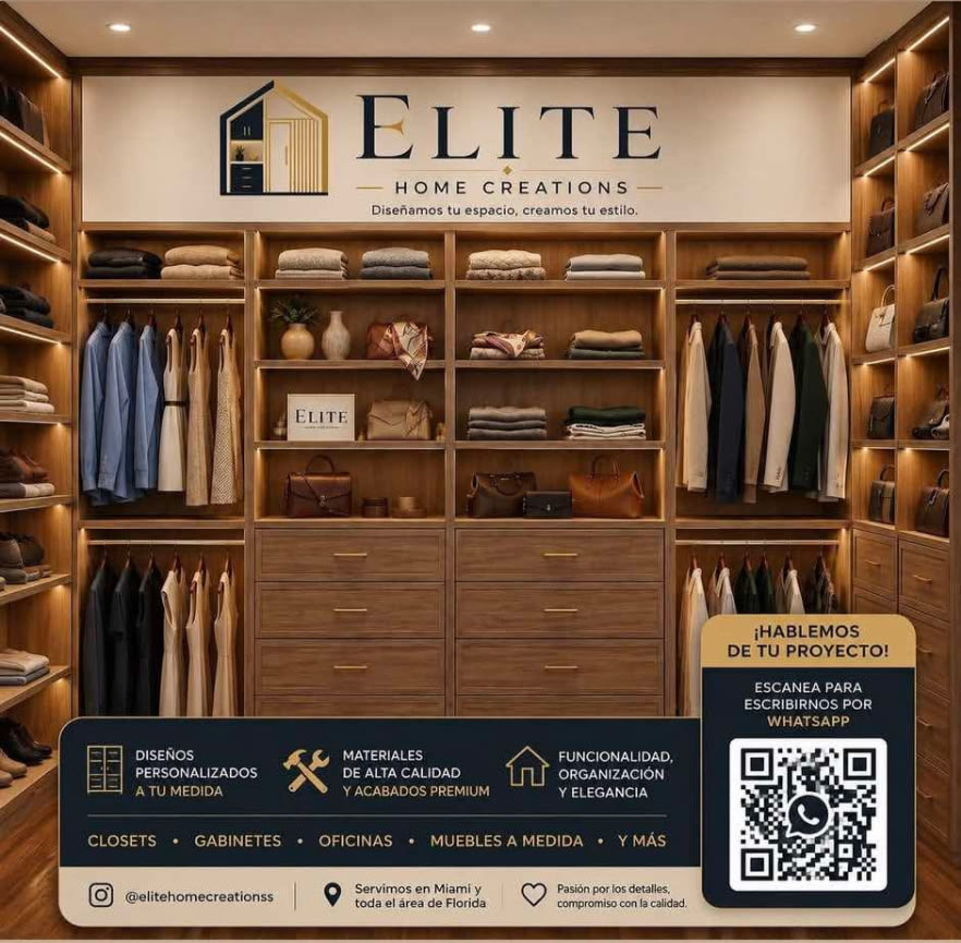 Walk-in closet in walnut with lighted shelving and drawers
