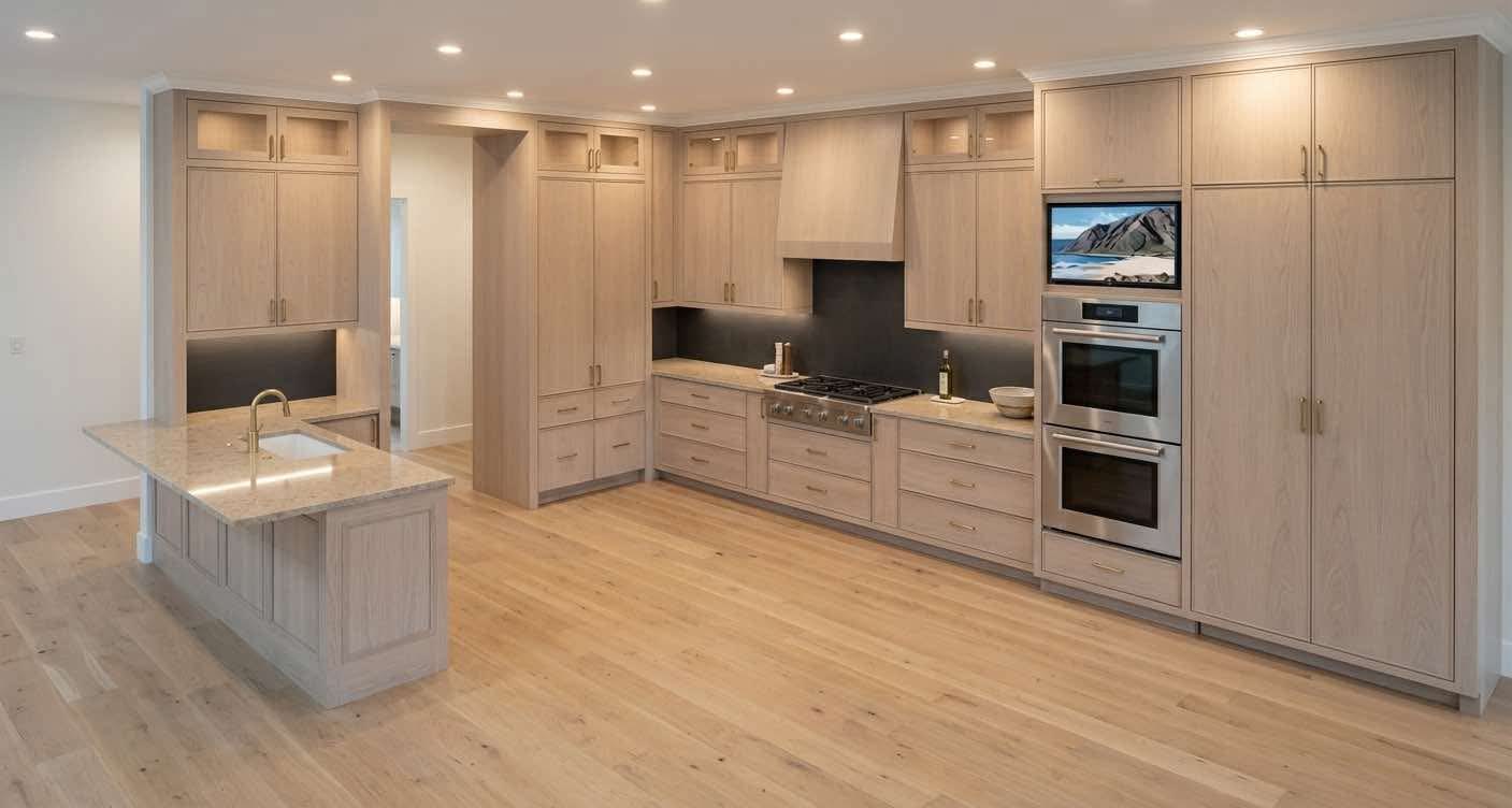 Light oak custom kitchen with full-height cabinetry and island