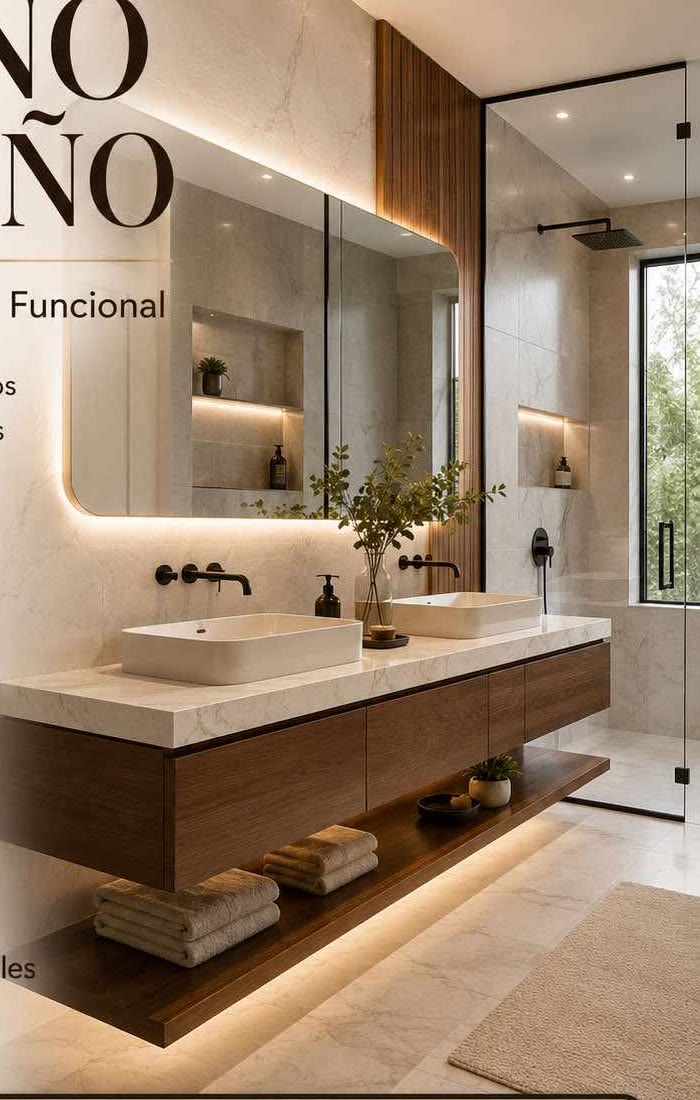 Modern floating walnut vanity with vessel sinks